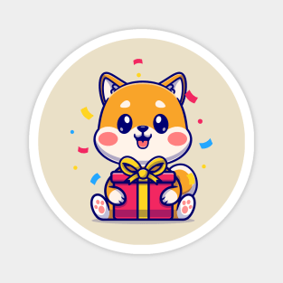 Cute Shiba Inu With Gift Box Cartoon Magnet